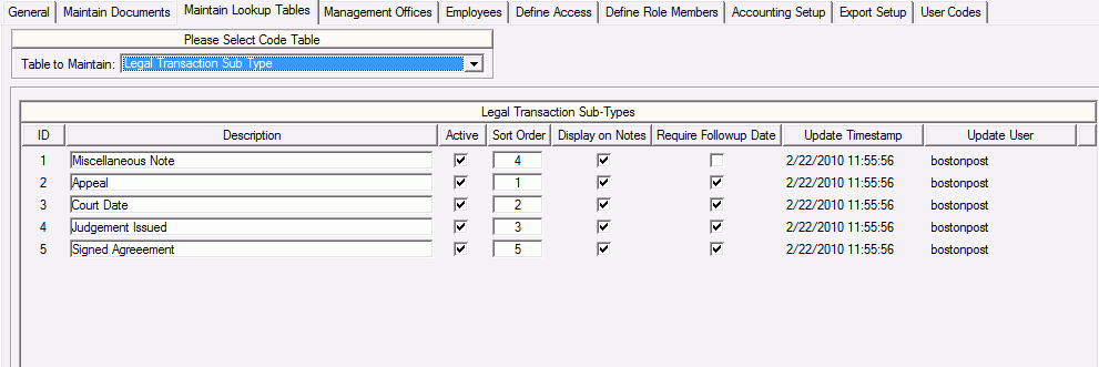 System Administration Maintain Lookup Tables Legal Transaction Sub Type